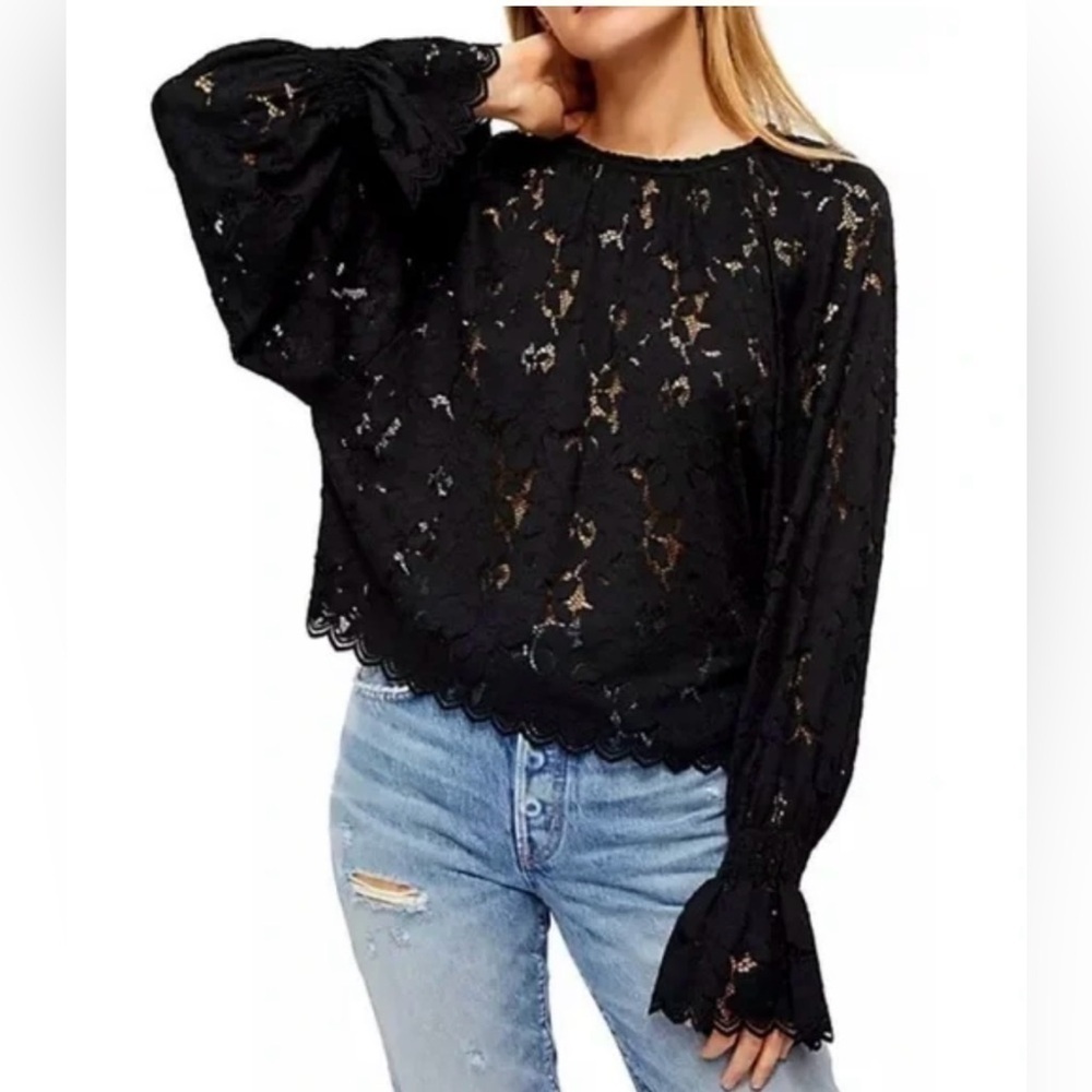 Free People Olivia lace top Blouse Black S Small Long Sleeve